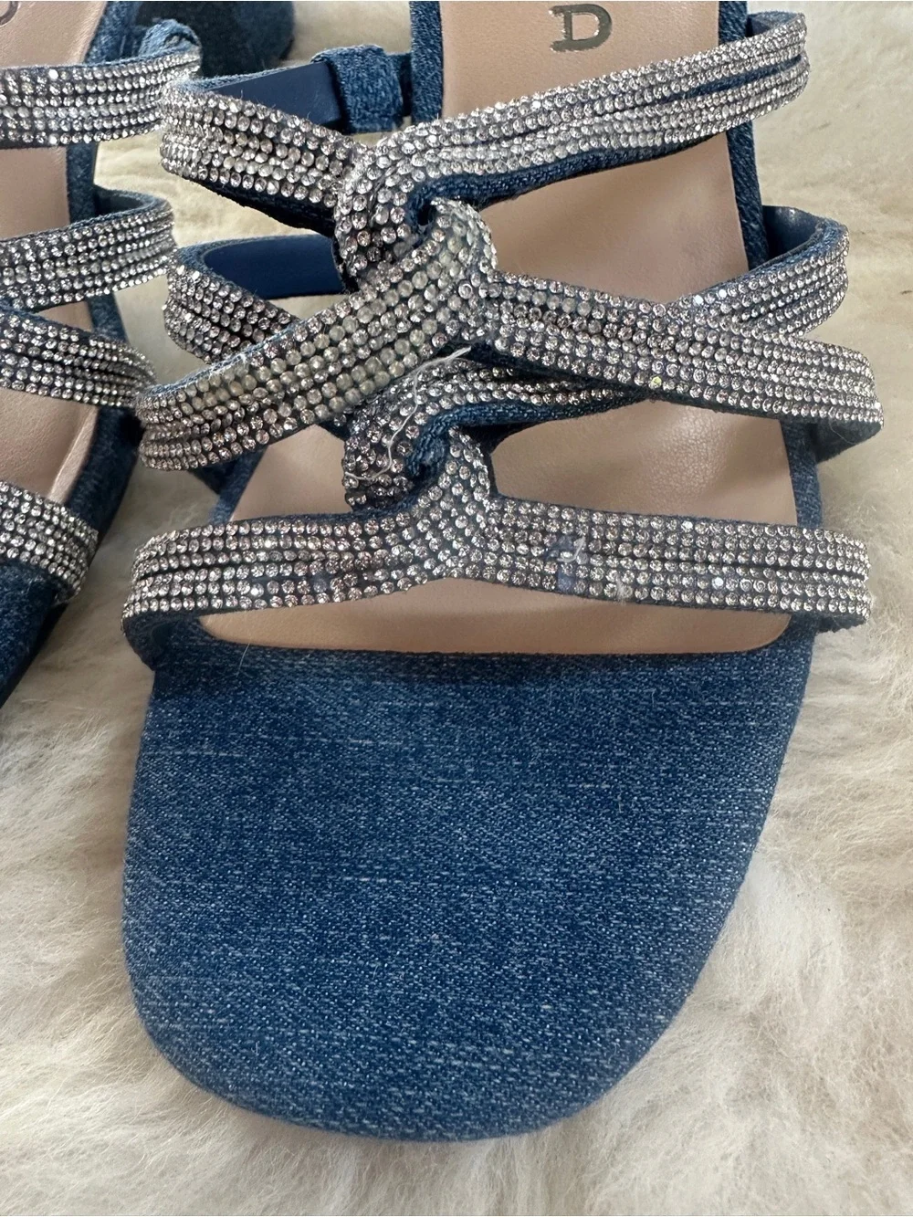Unisa Denim Rhinestone Sandals Womens 7 Blue Block Heel Open Toe New